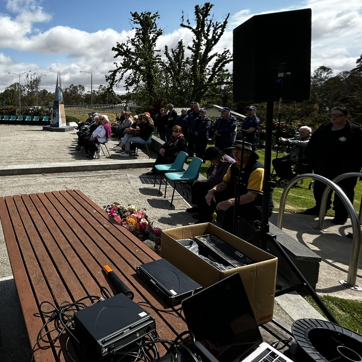 Photo of Winch House public-address-system in use at ANZAC Day ceremony.